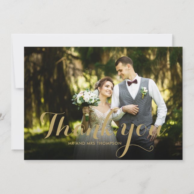Tarjeta De Agradecimiento Elegante Guión Dorado Gracias Boda Foto (Anverso)