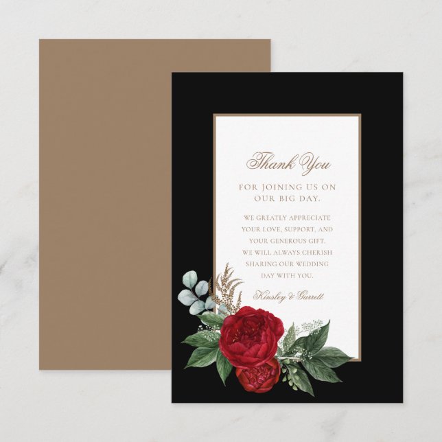 Tarjeta De Agradecimiento Elegante Guión Dorado Peonies Rojos Negro y Blanco (Anverso / Reverso)