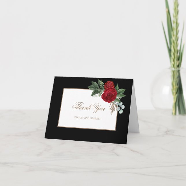 Tarjeta De Agradecimiento Elegante guión dorado rojo floral (Anverso)