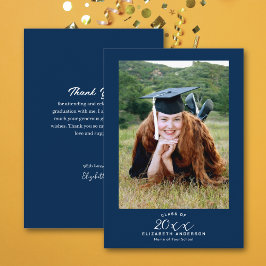 Tarjeta De Agradecimiento Elegante guión elegante foto de graduación azul de