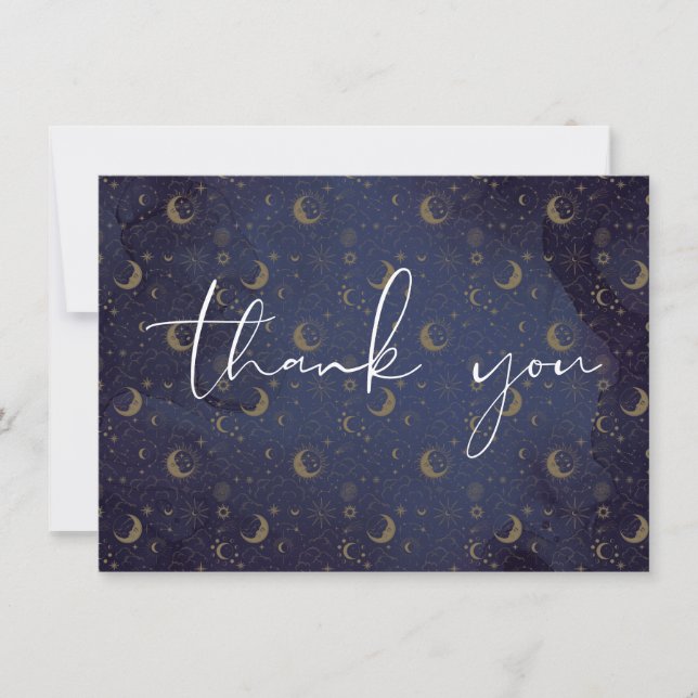 Tarjeta De Agradecimiento Elegante guión Estrellas y lunas místicas celestia (Anverso)
