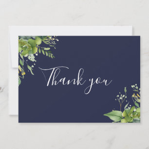 Tarjeta De Agradecimiento Elegante guion floral verde azul marino