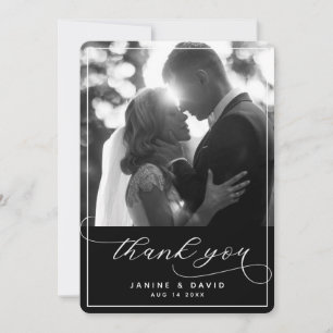 Tarjeta De Agradecimiento Elegante guión Foto de boda moderna en blanco y ne