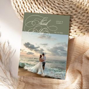 Tarjeta De Agradecimiento Elegante guion foto de boda verde salvia