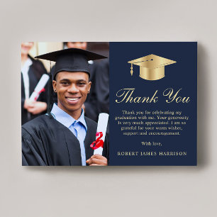 Tarjeta De Agradecimiento Elegante guión foto graduación de oro azul