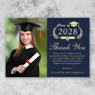 Tarjeta De Agradecimiento Elegante guión foto graduación de oro azul