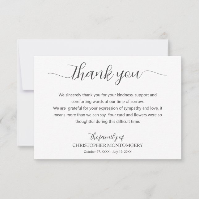 Tarjeta De Agradecimiento Elegante guión Funeral (Anverso)