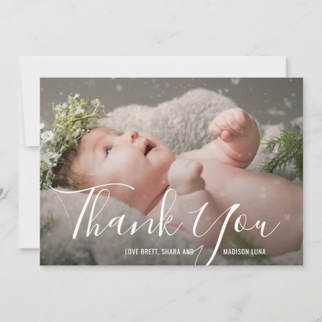 Tarjeta De Agradecimiento Elegante guión Género Neutral Foto Baby Shower (Anverso)