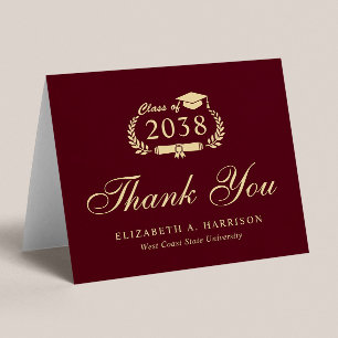 Tarjeta De Agradecimiento Elegante guión Graduación de oro de Borgoña