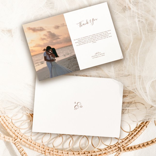 Tarjeta De Agradecimiento Elegante guión Mocha Monograma Boda Foto (Subido por el creador)