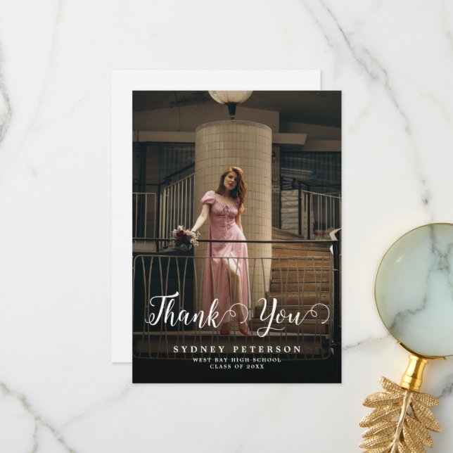 Tarjeta De Agradecimiento Elegante Guión Moderno 2 Foto Graduación Simple (Anverso/Reverso In Situ)
