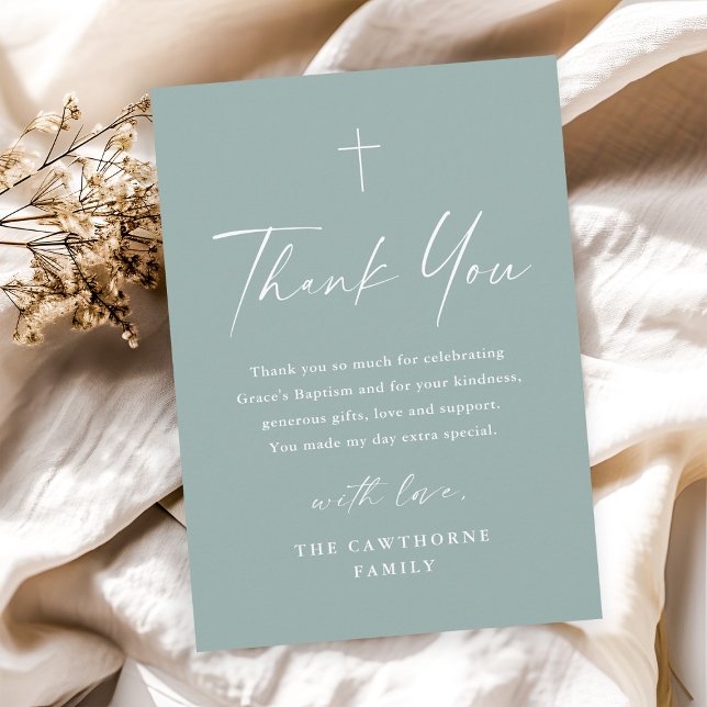 Tarjeta De Agradecimiento Elegante guión moderno Bautismo verde mínimo sabio (Modern simple script sage green baptism thank you card.)