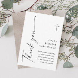 Tarjeta De Agradecimiento Elegante guion moderno blanco Bautizo