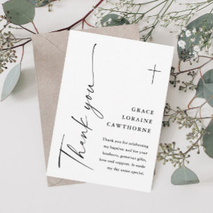 Tarjeta De Agradecimiento Elegante guion moderno blanco Bautizo