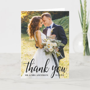 Tarjeta De Agradecimiento Elegante guión moderno Boda de dos fotos