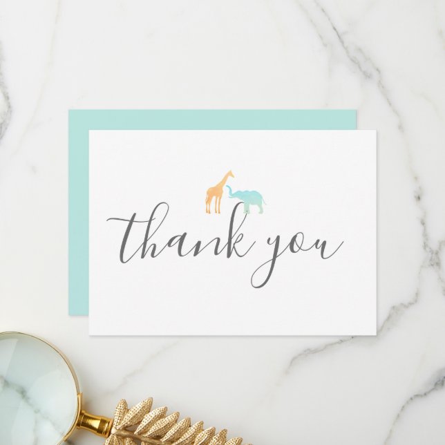 Tarjeta De Agradecimiento Elegante guión moderno Giraffe Elephant Baby Showe (Anverso/Reverso In Situ)