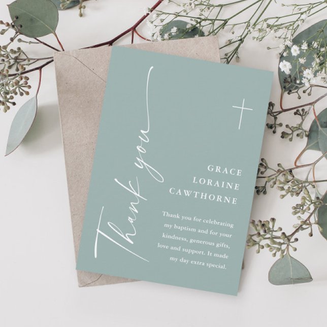 Tarjeta De Agradecimiento Elegante guión moderno Sage Green Baptism (Modern script sage green baptism thank you cards.)