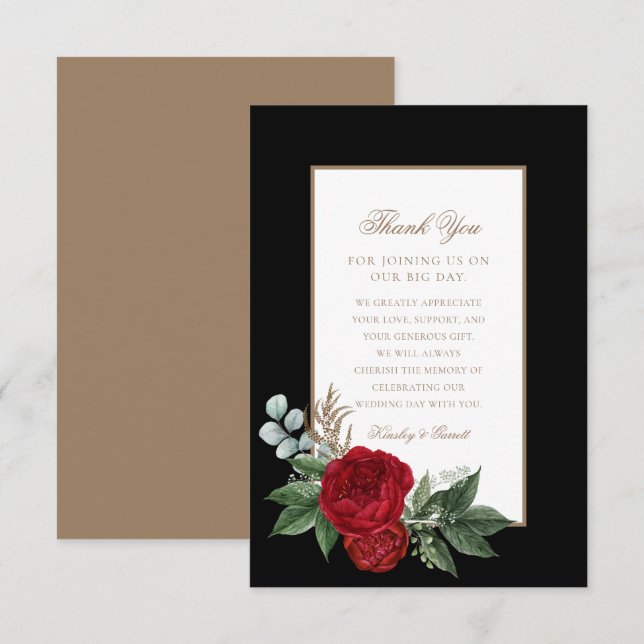 Tarjeta De Agradecimiento Elegante Guión Rojo Peonies Negro y Oro (Anverso / Reverso)