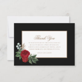 Tarjeta De Agradecimiento Elegante Guión Rojo Peonies Negro y Oro