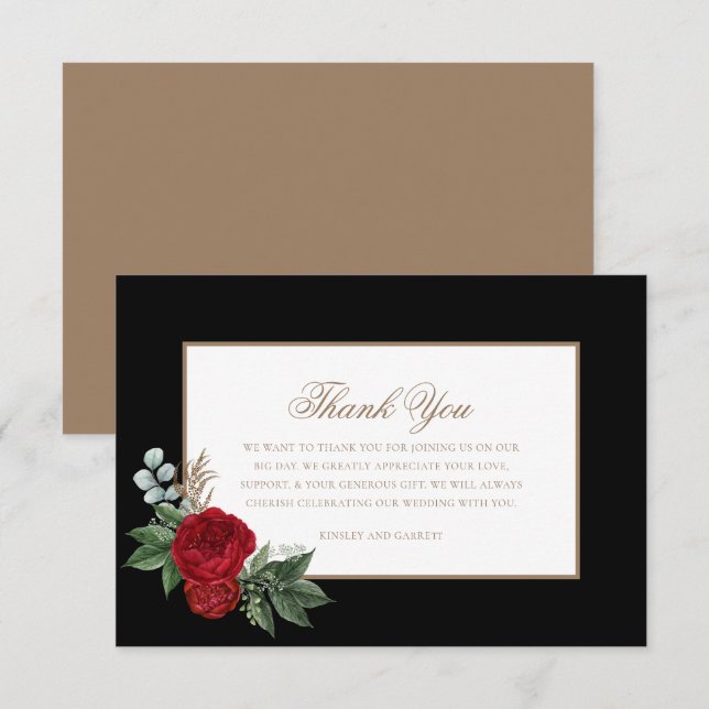 Tarjeta De Agradecimiento Elegante Guión Rojo Peonies Negro y Oro (Anverso / Reverso)