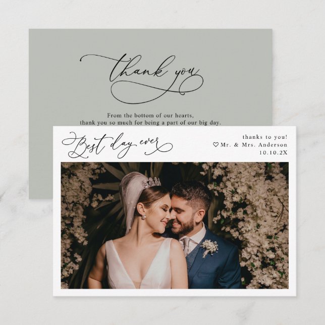 Tarjeta De Agradecimiento Elegante guión Rústico Masaje Verde Boda Foto (Anverso / Reverso)