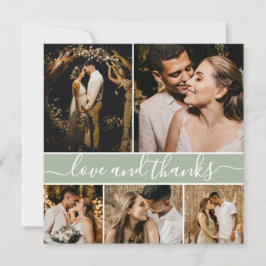 Tarjeta De Agradecimiento Elegante guión Sage Green 5 Collage de fotos Boda