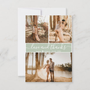Tarjeta De Agradecimiento Elegante guión Sage Green Boda 3 Collage de fotos