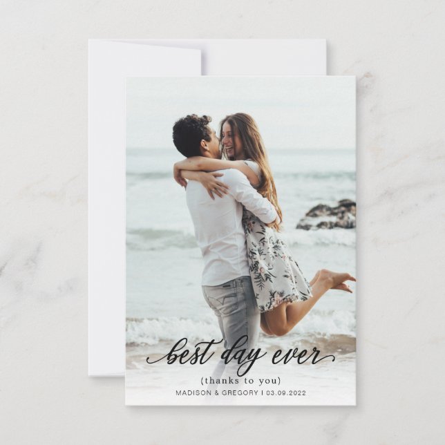 Tarjeta De Agradecimiento Elegante guión sencillo mejor día de Boda de fotos (Anverso)