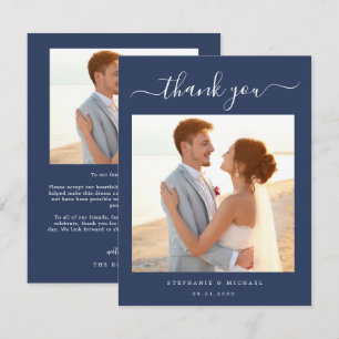 Tarjeta De Agradecimiento Elegante guión simple 2 Boda de fotos azul