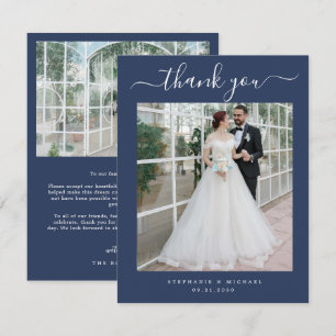 Tarjeta De Agradecimiento Elegante guión simple 2 Boda de fotos azul