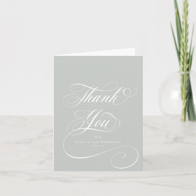 Tarjeta De Agradecimiento Elegante guión verde gris Boda en blanco (Anverso)