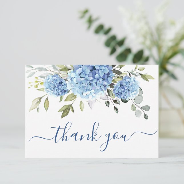 Tarjeta De Agradecimiento Elegante Hidrangea Azul Eucalyptus Flores Simple (Anverso de pie)