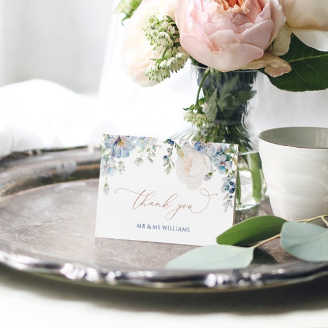Tarjeta De Agradecimiento Elegante hidrangea azul y Boda Rosa (Subido por el creador)