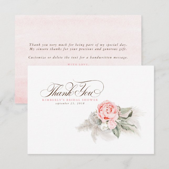 Tarjeta De Agradecimiento Elegante hierba de Pampas floral rosa agradecimien (Anverso / Reverso)