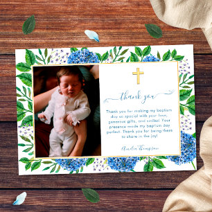 Tarjeta De Agradecimiento Elegante Hydrangeas Blue Photo Gold Cross Baptism