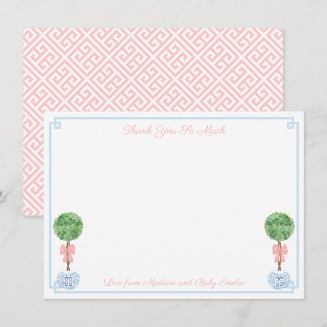 Tarjeta De Agradecimiento Elegante Imagen Baby Shower En Boxwood Rosa Y Azul (Anverso / Reverso)