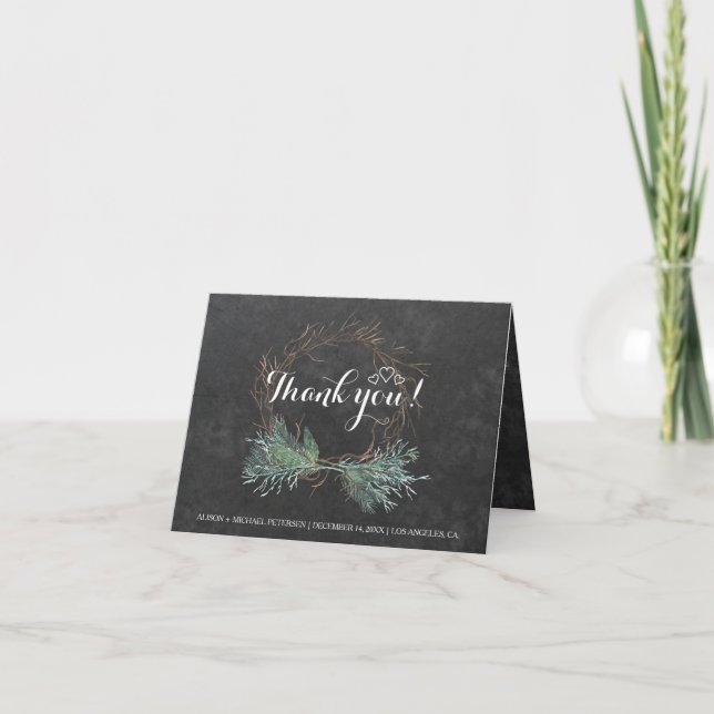Tarjeta De Agradecimiento Elegante invierno rústico gracias boda (Anverso)