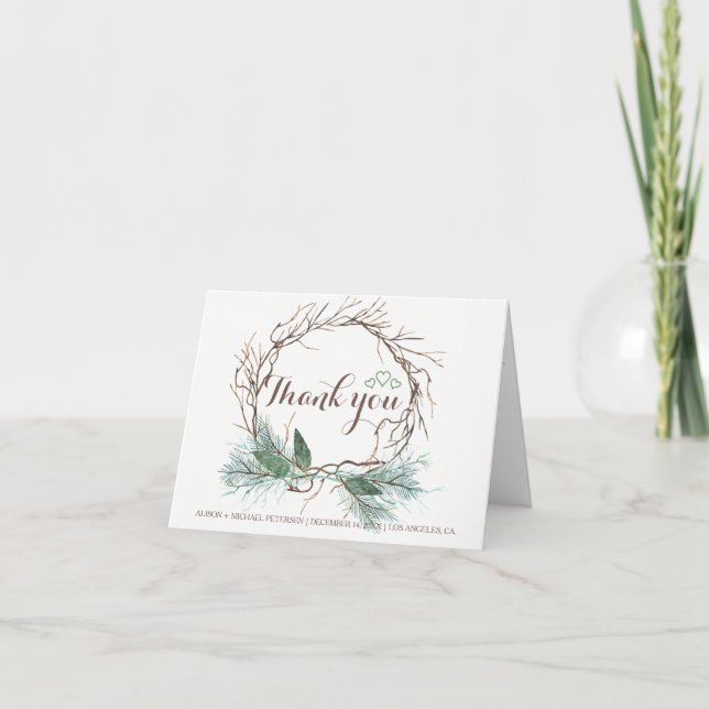 Tarjeta De Agradecimiento Elegante invierno rústico gracias boda (Anverso)