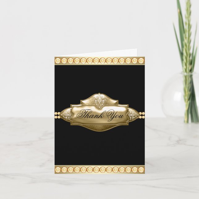 Tarjeta De Agradecimiento Elegante Jewel Oro Negro Gracias Cartas (Anverso)