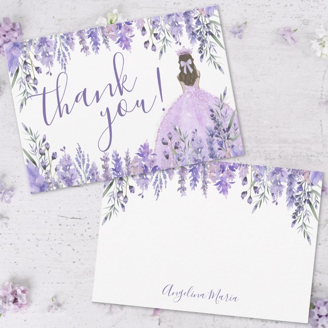 Tarjeta De Agradecimiento Elegante Lavanda Floral Purple Quinceañera (Elegant Lavender Floral Purple Quinceañera Thank You Card)
