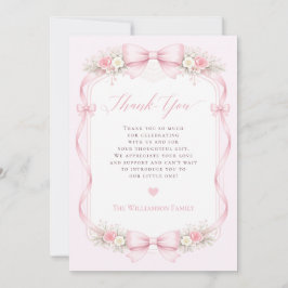 Tarjeta De Agradecimiento Elegante lazo de coqueta rosa floral baby shower