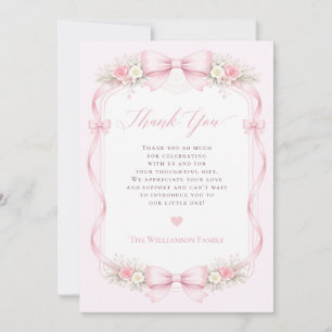 Tarjeta De Agradecimiento Elegante lazo de coqueta rosa floral baby shower