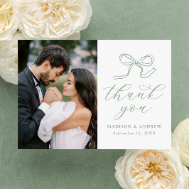 Tarjeta De Agradecimiento Elegante lazo verde salvia en foto de boda