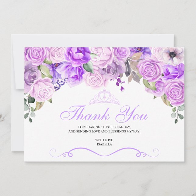 Tarjeta De Agradecimiento Elegante Lilac Morado Floral Quinceanera Gracias (Anverso)