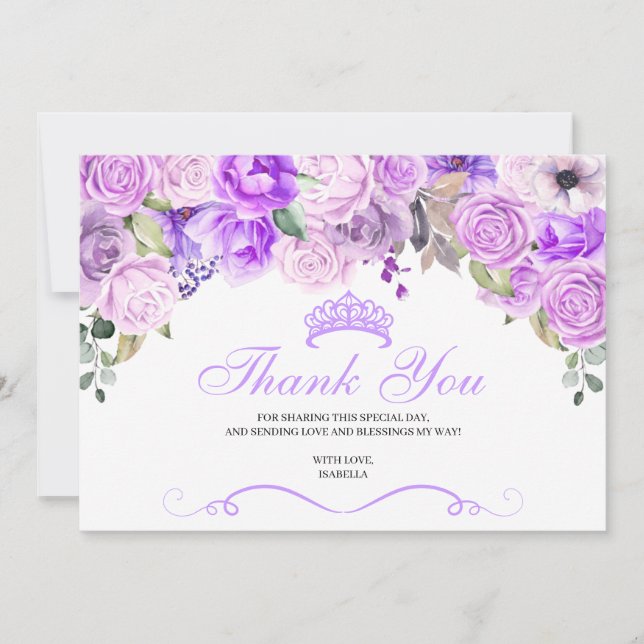 Tarjeta De Agradecimiento Elegante Lilac Morado Floral Quinceanera Gracias (Anverso)