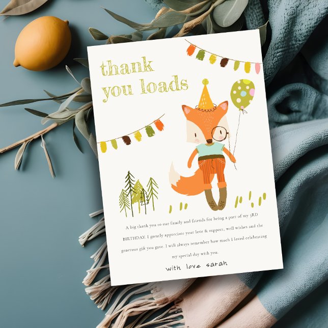 Tarjeta De Agradecimiento Elegante lindo Woodland Fiesta Fox Kids Cumpleaños (Subido por el creador)