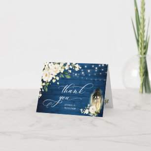 Tarjeta De Agradecimiento Elegante Linterna de madera azul de rosas blancas