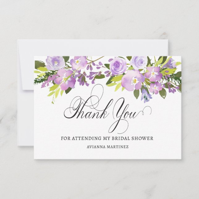 Tarjeta De Agradecimiento Elegante Llanura De Ducha Bridal Floral Blanco Púr (Anverso)
