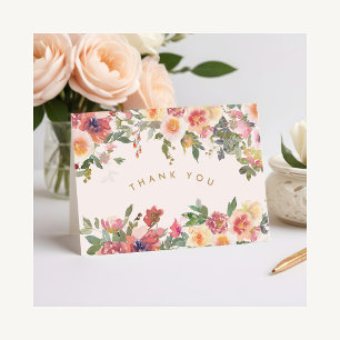 Tarjeta De Agradecimiento Elegante lluvia de boda floral rosa dorada