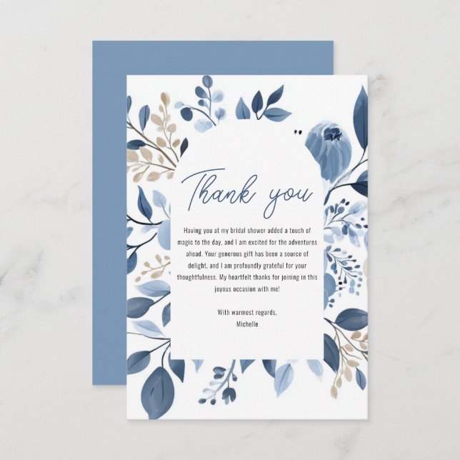 Tarjeta De Agradecimiento Elegante Lluvia de Flores Azul Polvoriento Bridal  (Anverso / Reverso)